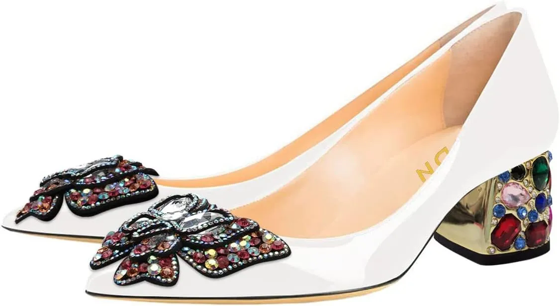 YDN Women's Pointed Toe Bow Pumps Colorful Rhinestone Block Low Heel Butterfly Slip On Fashion Party Dance Shoes Size 4-15 US
