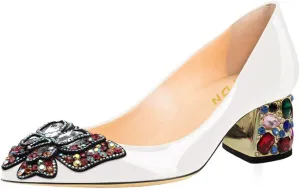 YDN Women's Pointed Toe Bow Pumps Colorful Rhinestone Block Low Heel Butterfly Slip On Fashion Party Dance Shoes Size 4-15 US